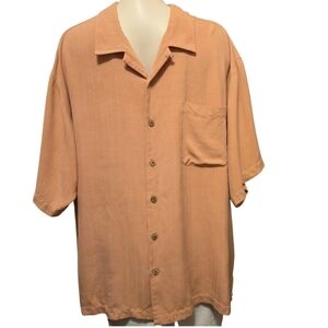 AXIS LA Silk Mens Short Sleeve Shirt Peach Color Subdued Stripe‎ Pattern Size XL